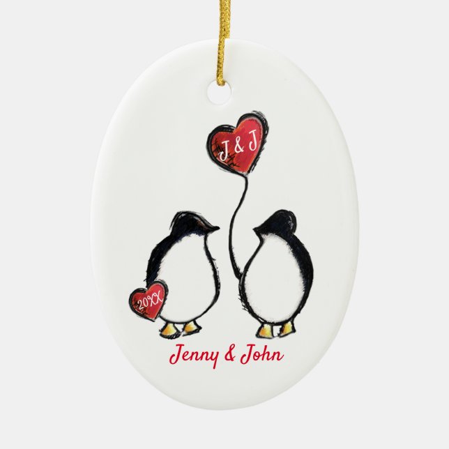 Penguin engagement gift ceramic ornament (Front)