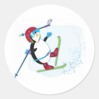 Penguin falling on ski classic round sticker