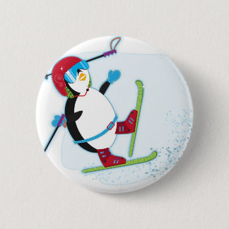 Penguin falling on ski pinback button