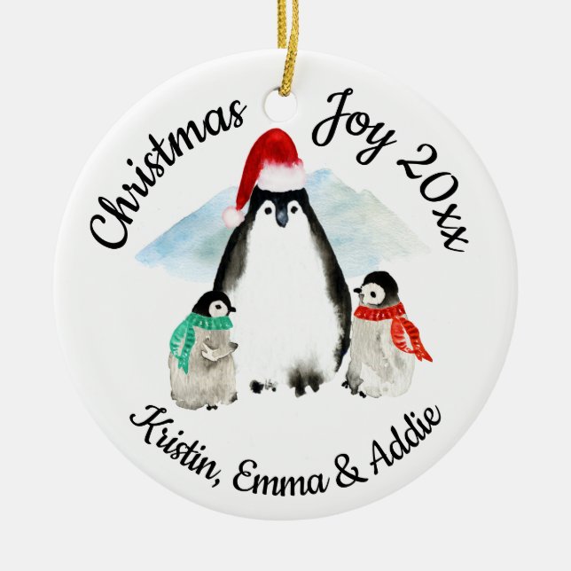 Penguin Family Christmas Ceramic Ornament (Front)