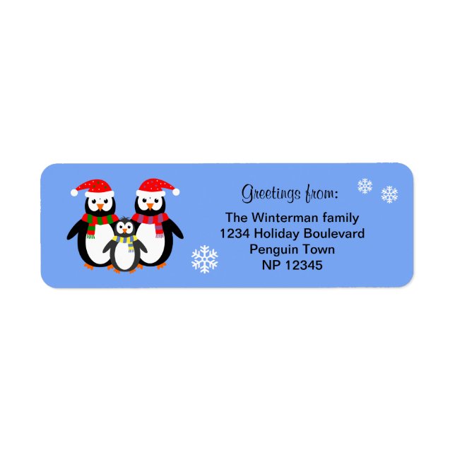 Penguin family editable text blue christmas label (Front)
