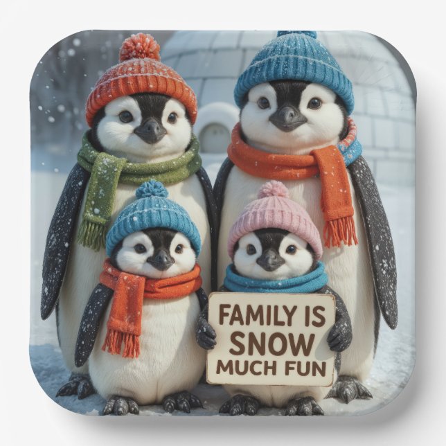Penguin Family In Snowflakes Paper Plates (Front)