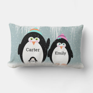 Penguin Family In Snowflakes Throw Pillow
