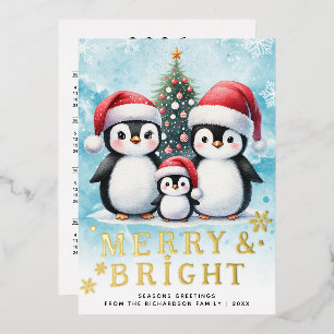 Penguin Family Merry & Bright Blue Red Christmas Foil Holiday Card