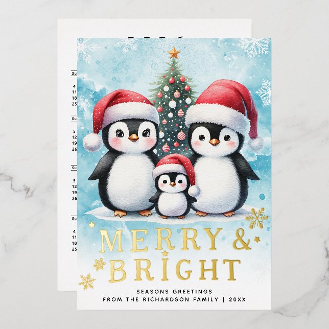 Penguin Family Merry & Bright Blue Red Christmas Foil Holiday Card (Front/Back)