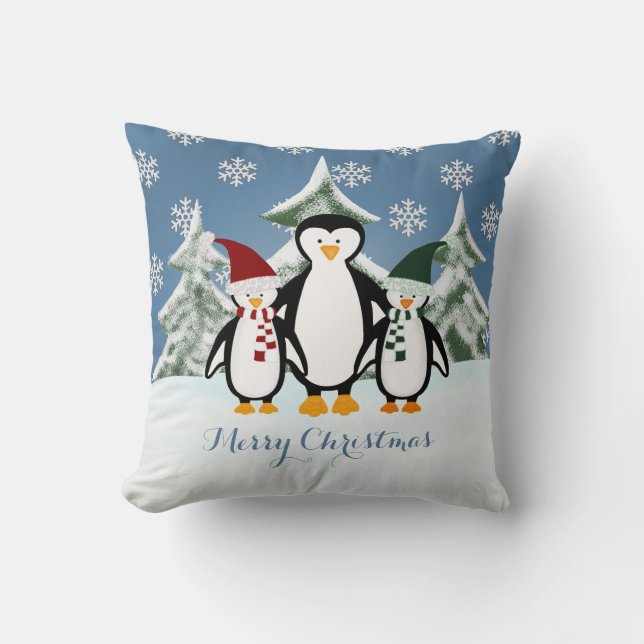 Penguin Family Merry Christmas Throw Pillow (Front)