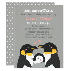 Penguin Family Of Three Baby Shower Grey Invitation