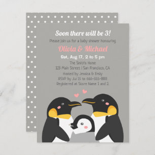 Penguin Family Of Three Baby Shower Grey Invitation