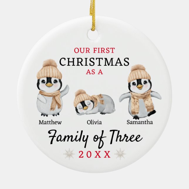 Penguin Family of Three First Christmas Ceramic Ornament (Back)