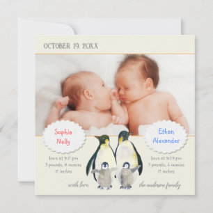 Penguin Family Photo Birth Announcement for Twins
