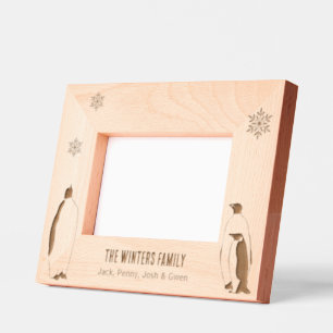 Penguin Family Portrait Snowflake Holiday Names Engraved Frames