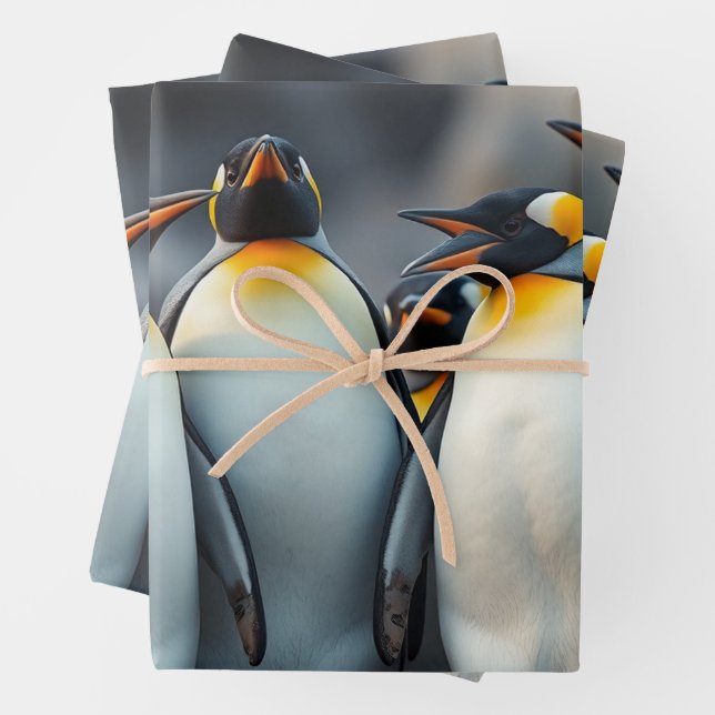 Penguin Family Watercolor Ice Floe Adventure Wrapping Paper Sheets (In situ)