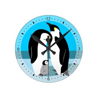 Penguin Family With Baby Chick Round Clock