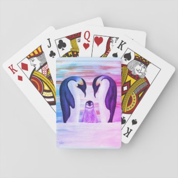Penguin Family With Baby Penguin Purple Playing Ca Playing Cards by ironydesignphotos at Zazzle