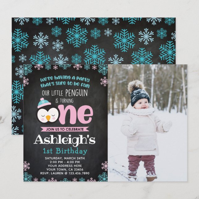 Penguin First Birthday Invitation with Photo (Front/Back)