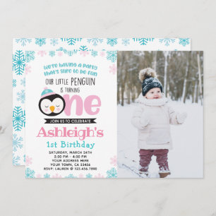 Penguin First Birthday Invitation with Photo