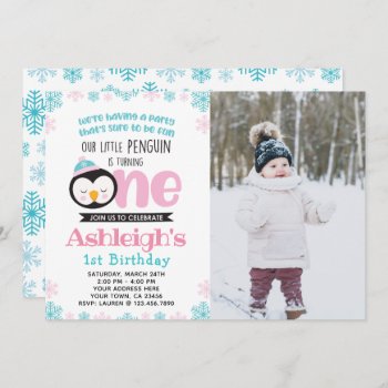 Penguin First Birthday Invitation With Photo by PrinterFairy at Zazzle