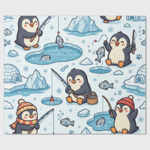 Penguin Fishing Wrap Paper – Arctic Cute Pattern