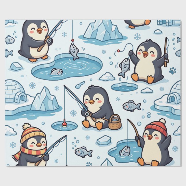 Penguin Fishing Wrap Paper – Arctic Cute Pattern (Flat)