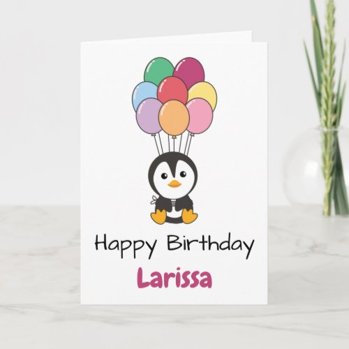 Penguin Flies Up With Colorful Balloons Card