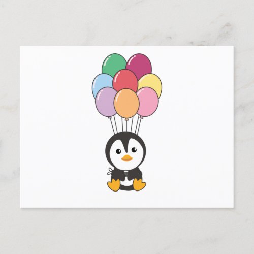Penguin Flies Up With Colorful Balloons Postcard