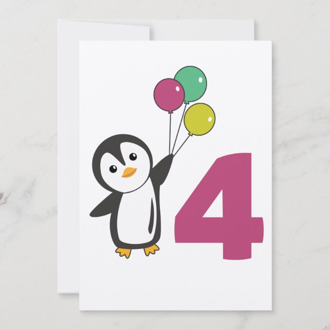 Penguin Fourth Birthday Balloons For Kids Invitati Invitation (Front)