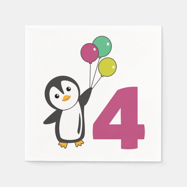 Penguin Fourth Birthday Balloons For Kids Napkins (Front)