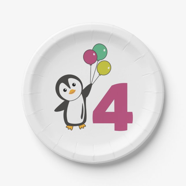 Penguin Fourth Birthday Balloons For Kids Paper Pl Paper Plates (Front)