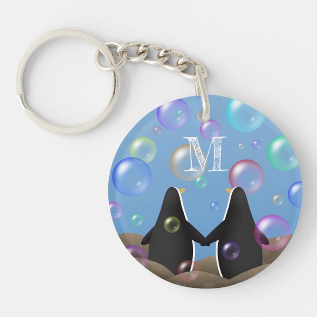 penguin friends gazing at bubbles monogrammed keychain (Front)