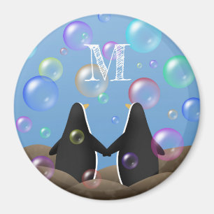 penguin friends gazing at bubbles monogrammed magnet