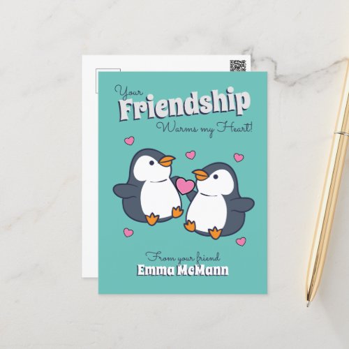 Penguin Friendship Valentine Postcard Cartoon