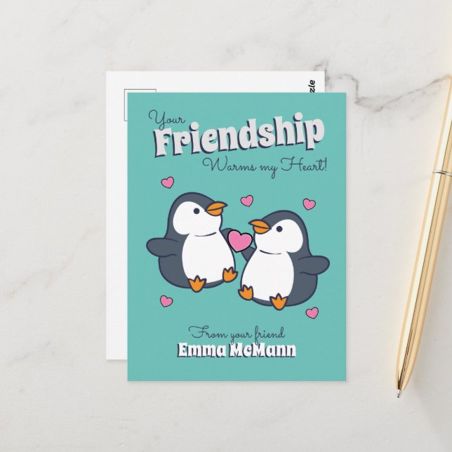 Penguin Friendship Valentine Postcard Cartoon (Front/Back In Situ)