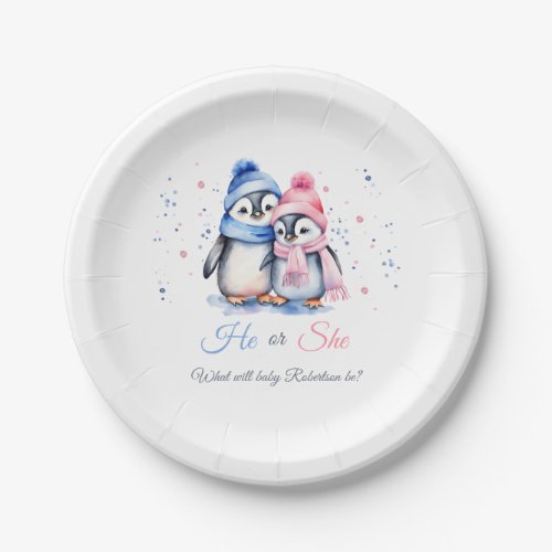 Penguin Gender Reveal He or She Winter Baby Shower Paper Plates