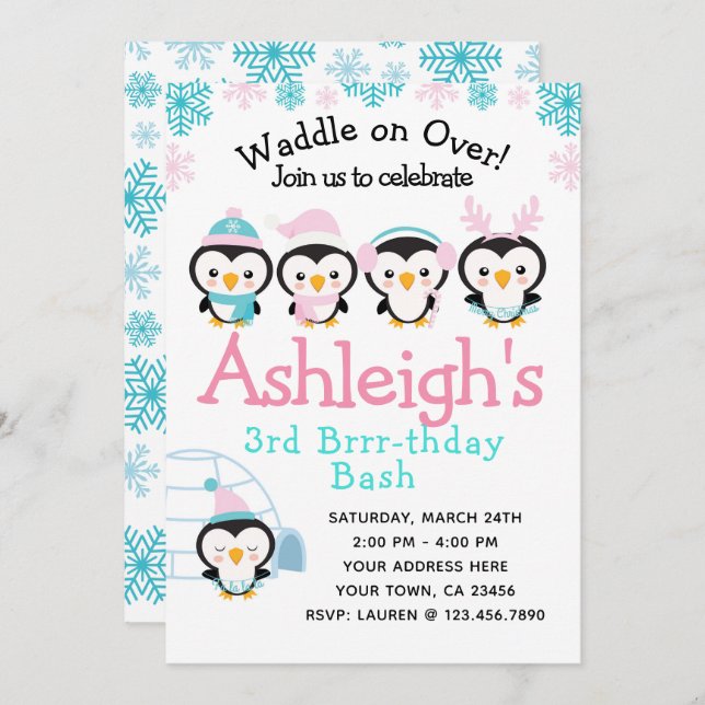 Penguin Girl Birthday Invitation (Front/Back)