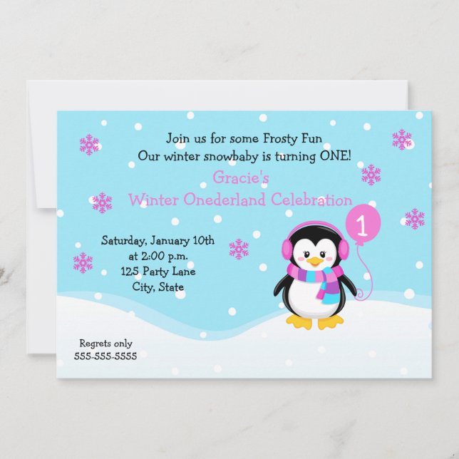 Penguin Girl Birthday Invitation (Front)