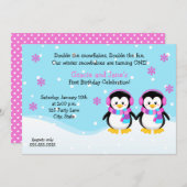 Penguin Girl Twins Birthday Invitation (Front/Back)