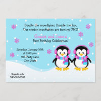 Penguin Girl Twins Birthday Invitation