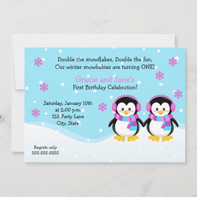 Penguin Girl Twins Birthday Invitation (Front)