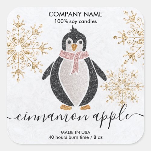 Penguin Glitter Christmas Snow Winter Square Stick Square Sticker