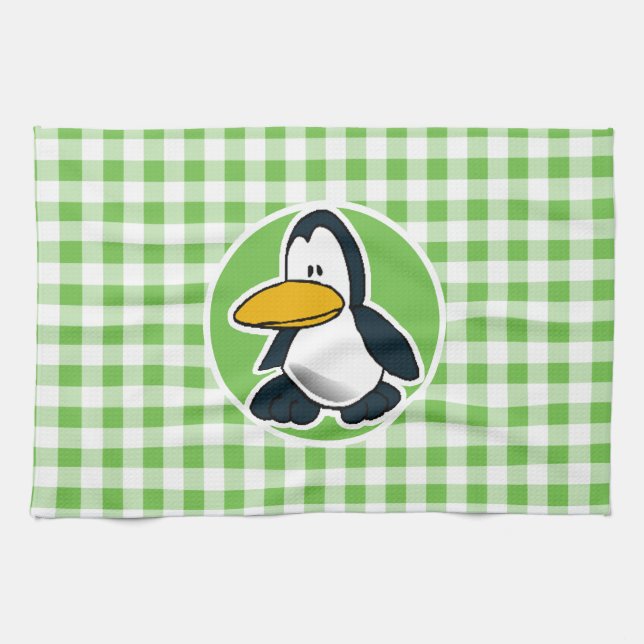 Penguin; Green Gingham Kitchen Towel (Horizontal)