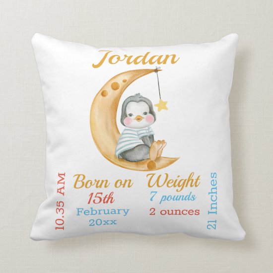 Penguin Half Moon Baby Stats Throw Pillow