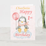 Penguin Happy 1st Birthday Card<br><div class="desc">A cute 1st birthday baby penguin birthday card. The card features a baby girl penguin sitting on a cloud holding a balloon. A sweet design for a little girl who will be one year old. Add the child, s name to the front of the card to customize it for that...</div>
