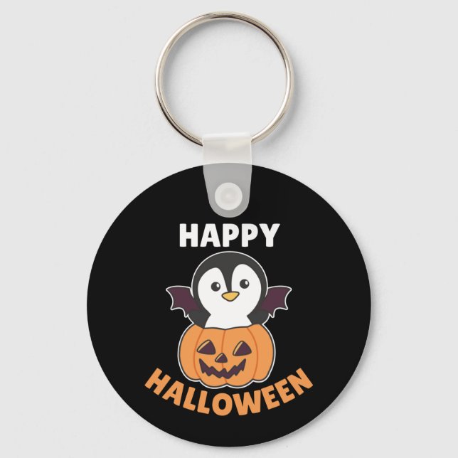 Penguin Happy Halloween Pumpkin Bat Costume Keychain (Front)