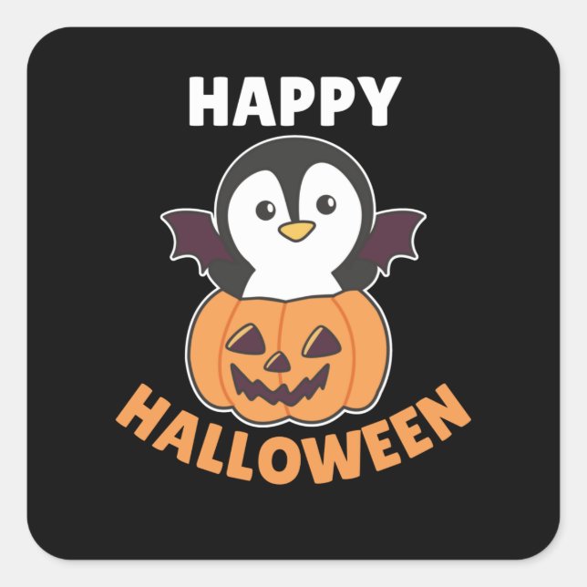 Penguin Happy Halloween Pumpkin Bat Costume Square Sticker (Front)