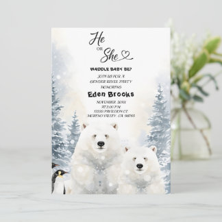 Penguin He or She Evergreen Winter Gender Reveal  Invitation