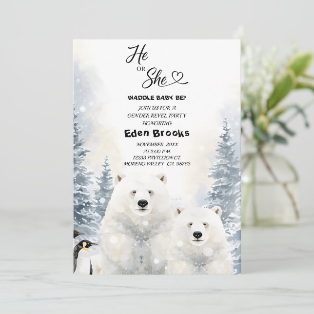 Penguin He or She Evergreen Winter Gender Reveal  Invitation (Standing Front)