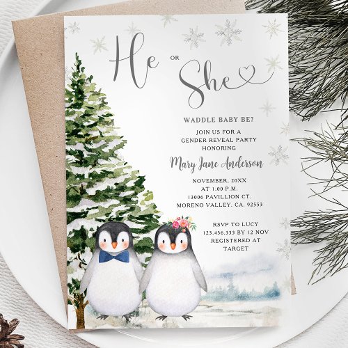 Penguin He or She Evergreen Winter Gender Reveal  Invitation