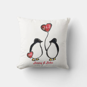 Penguin & hearts wedding throw pillow