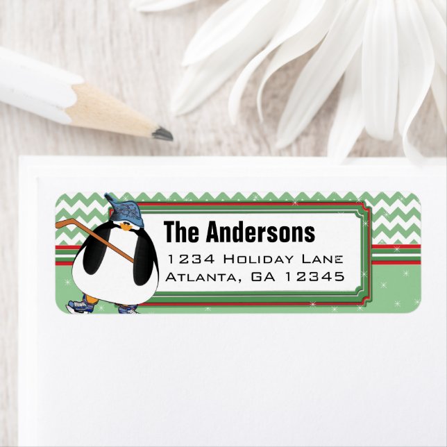 Penguin Hockey Stick Christmas Return Address Label (Insitu)