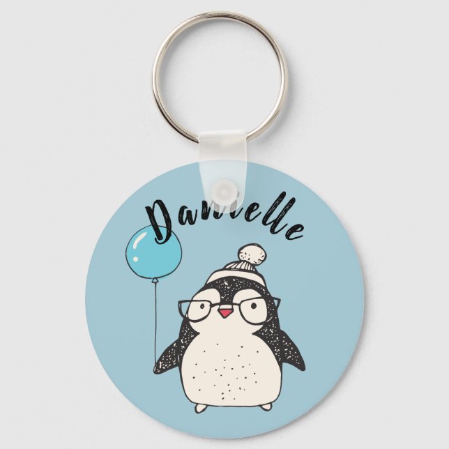 Penguin Holding a Balloon Personalized Blue Keychain (Front)